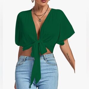 Green Flutter Sleeve Crop Blouse with Tie Front